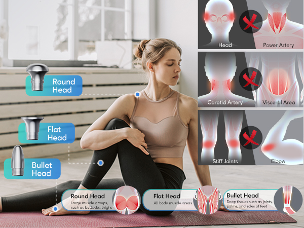 massage gun with round, flat, bullet heads for all muscle groups and deep tissue