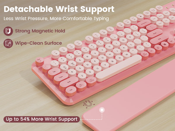 Keyboard on desk with detachable magnetic wrist rest, showing strong hold and wipe-clean surface.