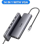 14-in-1 USB-C hub with VGA port. Dark gray metallic device with multiple ports and a cable.