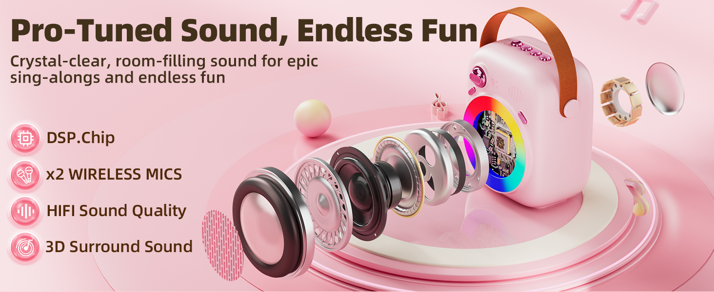 Kids Karaoke Machine Ages 3-12, Bluetooth 5.3 Speaker with 2 Wireless Mics