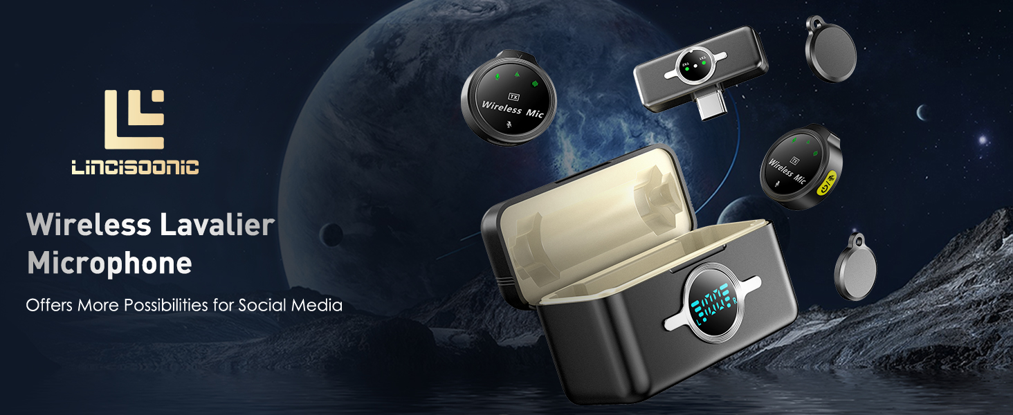 Wireless Lavalier Microphone with charging case, ideal for streaming and social media.