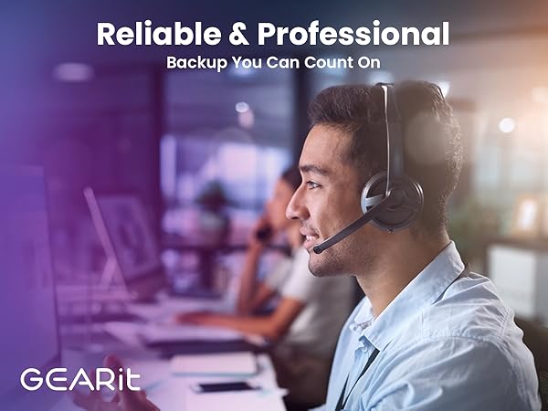 Text reads 'Reliable &amp; Professional'. Depicts customer service scene with staff wearing headsets in a modern office setting with purple-tinted lighting.