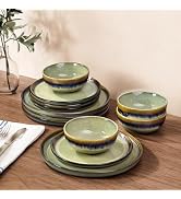 Ceramic Dinnerware Sets for 4, 12 Pieces Stoneware Green Reactive Glaze Plates and Bowls Set, Kit...