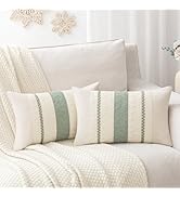 Laolitou Set of 2 Boho Throw Lumbar Pillow Covers 20×12, Rustic Farmhouse Cotton Linen Soft Sage ...
