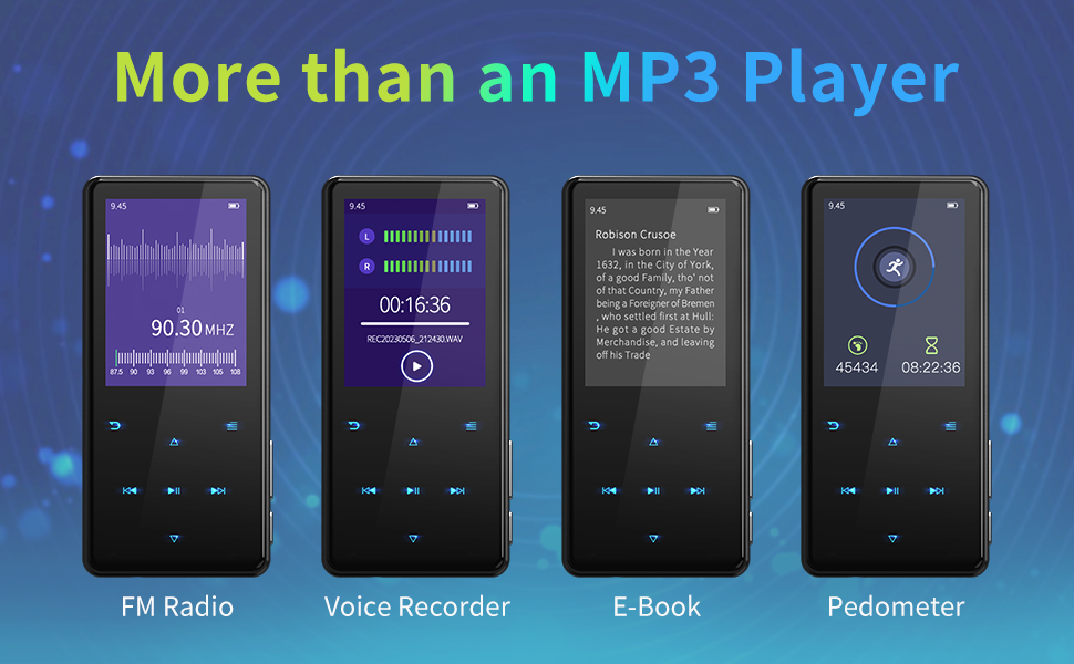 Small MP4 mp3 player with Bluetooth 5.3 FM Radio Built-in HD Speaker Voice Recorder EBook Pedometer