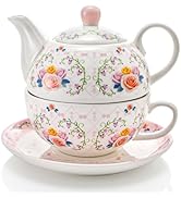 WRINGKIT Tea for One Set, Porcelain Teapot and Cup Saucer Set, Elegant Floral Tea Set for One for...