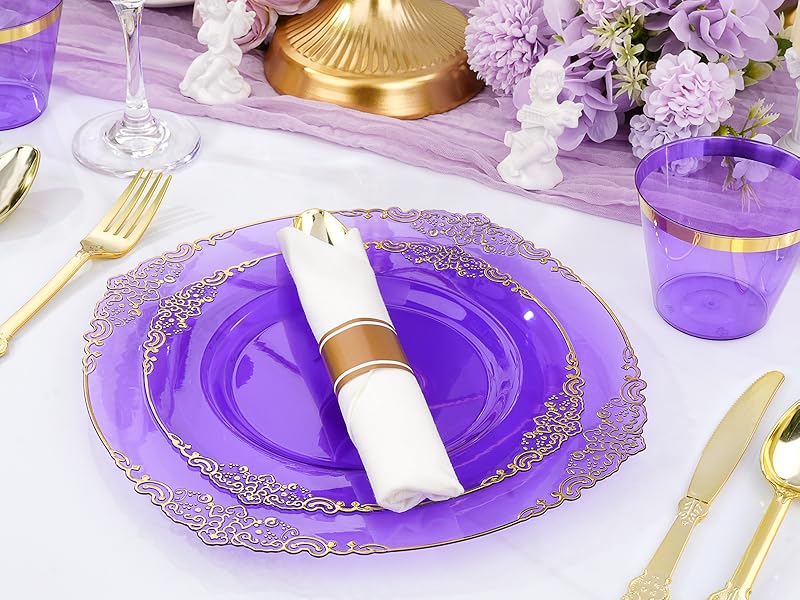 Purple and gold dinnerware set