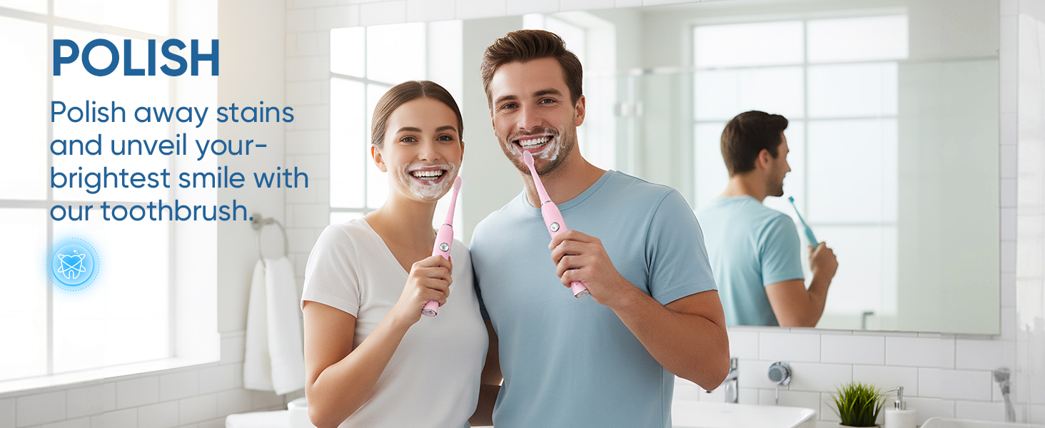 Text: 'POLISH away stains and unveil your brightest smile'. Series of dental care product images showing toothbrush and cleaning demonstration.