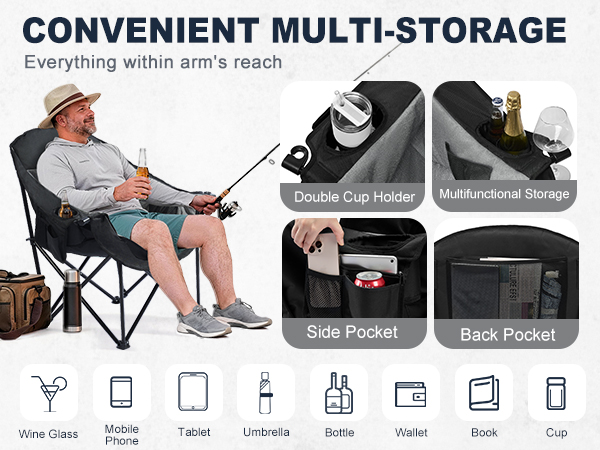 convenient multi-stotage, double cup holder, multifunctional storage, side pocket, back pocket