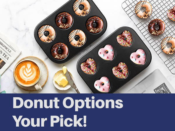 Nonstick Baking Set: Carbon Steel Pans (Heart/Donut), Oven Mitts, Utensils &amp;amp; Rack, Stackable Design