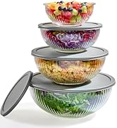 8pc Ribbed Glass Mixing Bowls with Leakproof Airtight Lids - BPA-Free Meal Prep Stackable Space S...