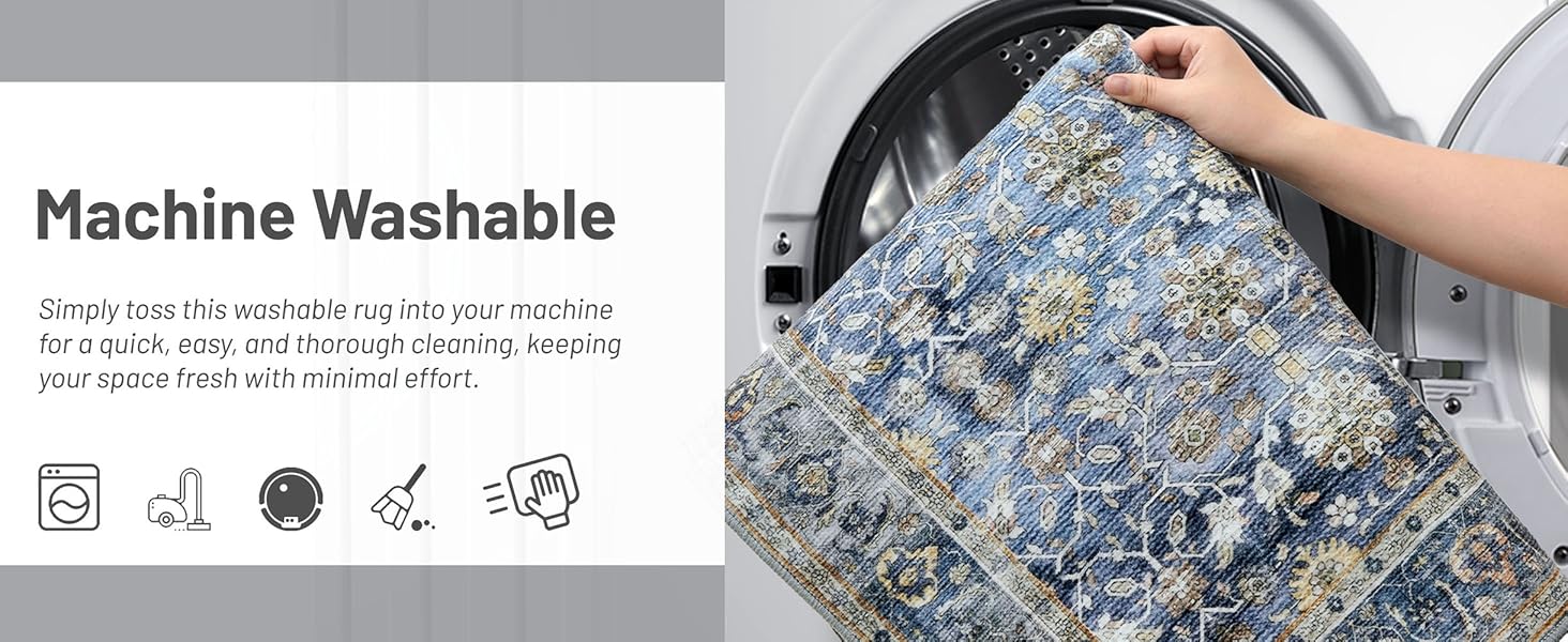 Floral Distressed Print Blue Beige Area Runner Rug