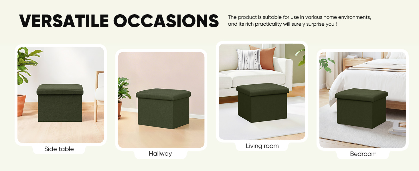 Text reads 'VERSATILE OCCASIONS'. Grid showing four applications of a dark green fabric storage box in different settings: bedroom storage, living room organization, bedroom display, and bathroom arrangement.
