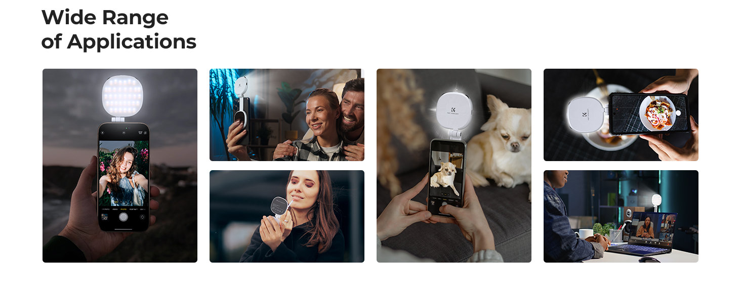 Text reads 'Wide Range of Applications'. Collection of photos showing various photography scenarios and lighting setups in professional and casual settings.