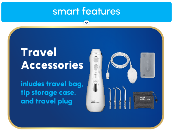 Image of water flosser travel accessories with text reading includes travel bag and tip storage case