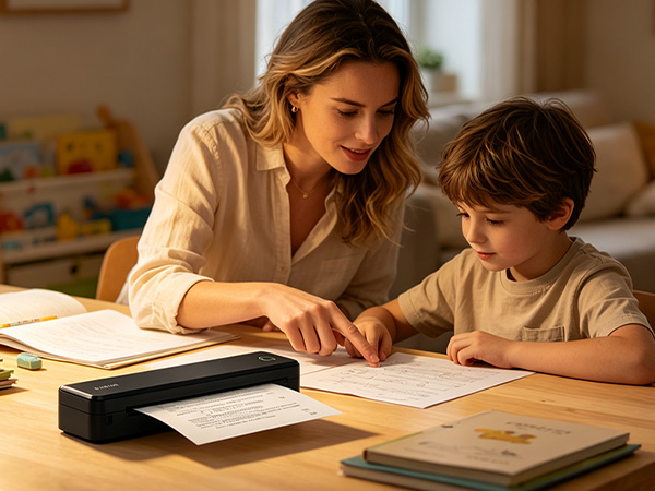 Mother and child use the A8 portable printer to print worksheets and study materials at home