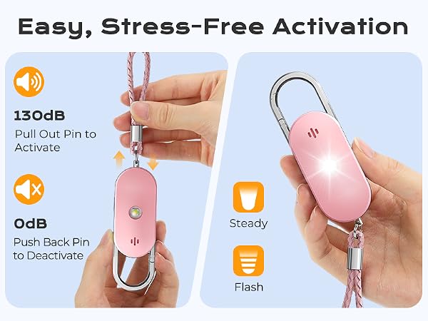 Text reads: 'Easy, Stress-Free Activation', '150dB Pull Out Pin to Activate', 'Push Back Pin to Deactivate', 'Steady', 'Flash'. Pink personal alarm keychain with pull-pin activation mechanism, featuring loud sound alert and steady/flash LED modes for safety.