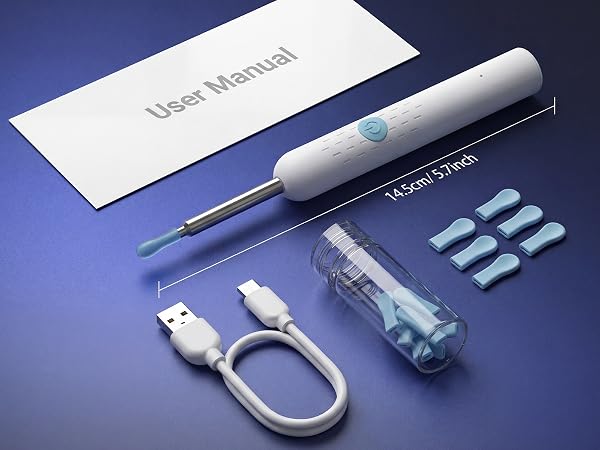 5.7 inch ear wax cleaner tool set including user manual, Type-C cable and silicone ear picks.