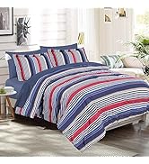 EMME Queen Comforter Set-Bed in A Bag Striped, 7 Piece Navy Red Bedding Sets Queen Size with Shee...