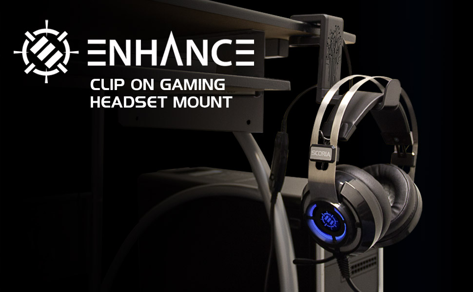 headset hanger attached to desk with a Scoria headset on it