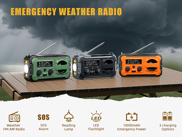 Hand Crank Emergency Radio, 10000mAh Weather Radio with AM/FM/NOAA