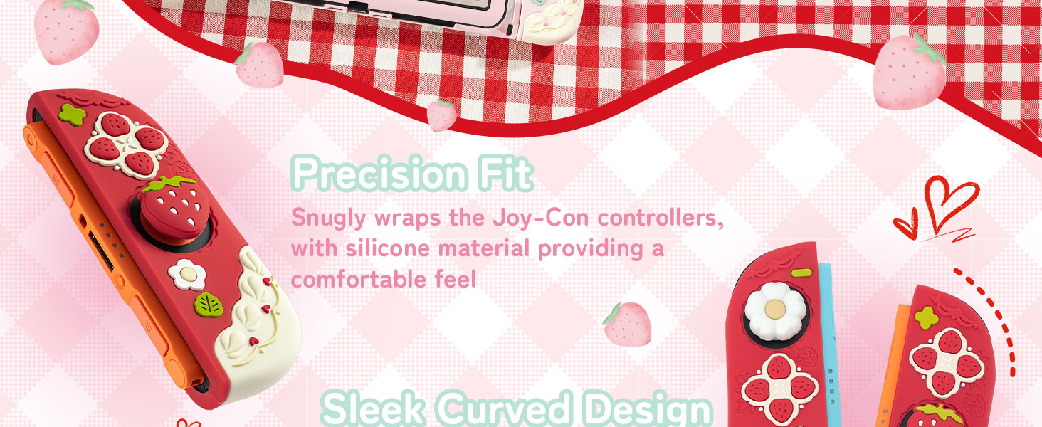 Text reads 'Precision Fit' and 'Sleek Curved Design'. Pink and white checkered background with partial product elements visible.