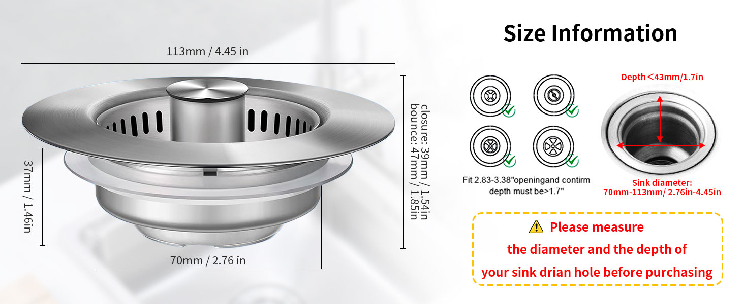 3 in 1 Kitchen Sink Drain Strainer Stopper Stainless Steel Drainage Odor Filter Sink Plug