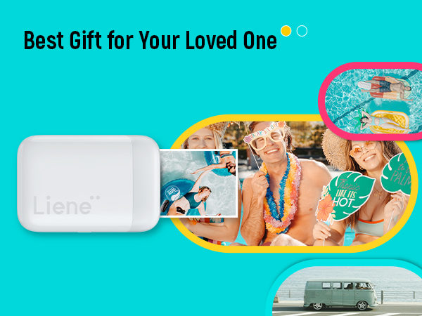 White rectangular electronic device labeled 'Liene' shown against turquoise background with lifestyle images in circular frames.