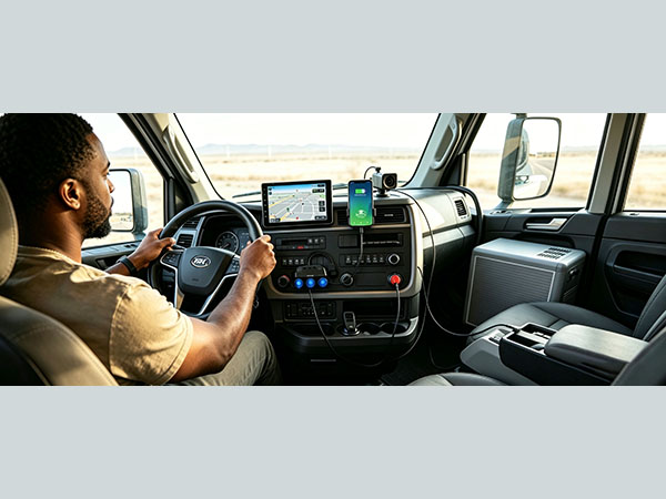 Truck driver using 24V adapter to charge phone &amp;amp; dash cam on long haul trip.