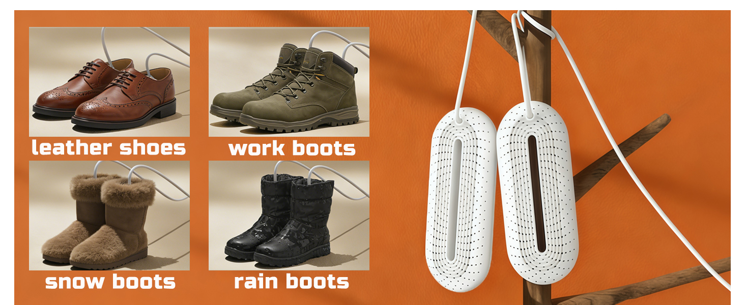 Text reads 'leather shoes', 'work boots', 'snow boots'. Product display showing different types of footwear including boots and laced shoes on orange background.