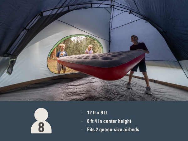 coleman skydome tent eight person people camping fit room height size airbed queen sleep two beds