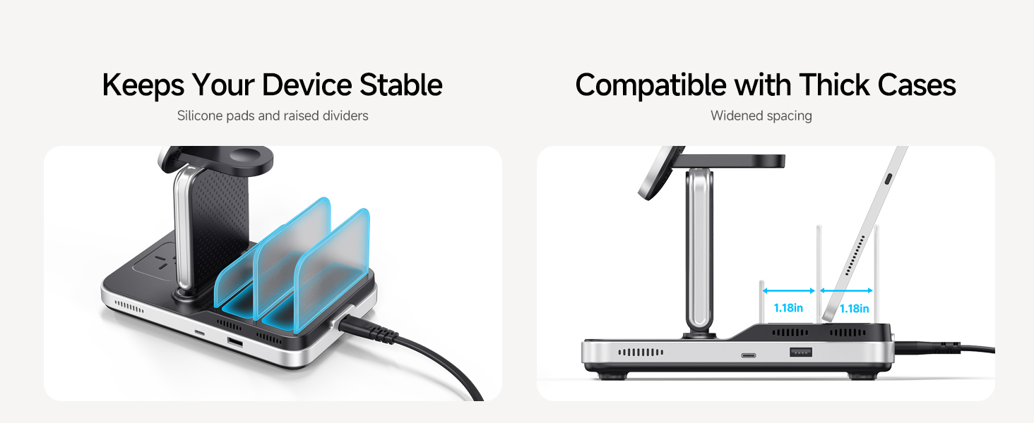 Device charging stand with multiple slots for vertical device placement. Features adjustable height and compatibility with thick cases. Includes USB ports for connectivity.