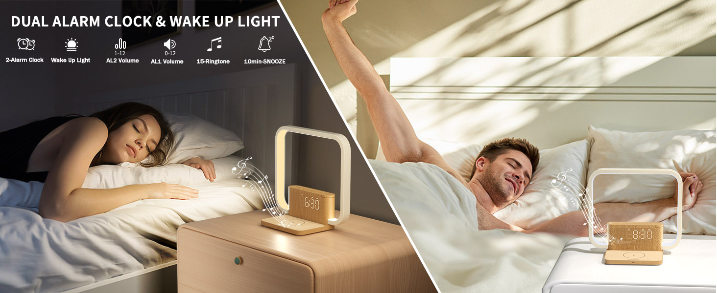 Split image showing sleeping scenarios with LED alarm clock display. Product appears to be a smart wake-up light or alarm system.