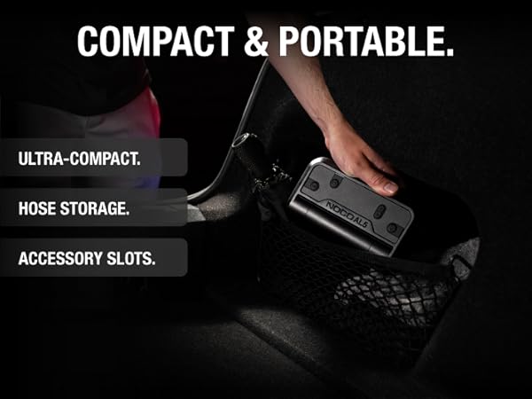 portable air inflator ultra compact design built-in hose storage integrated cord management