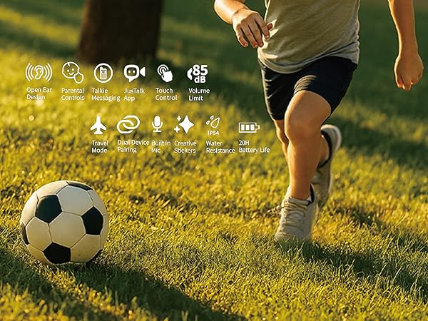 Open-ear kids Bluetooth headphones with 85 dB limit, touch control, dual-device pairing.