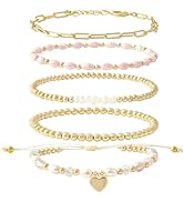 GOOJIDS Tiny Pearl Gold Heart Beaded Bracelets For Women Dainty Gold Plated Pearls Stack Gold Lay...