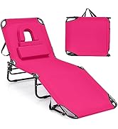 Goplus Tanning Chair, Folding Beach Lounge Chair with Face Hole, Removable Pillow, 350LBS Capacit...