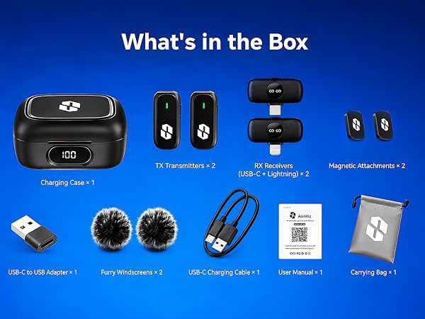 SONEVOX AirMic wireless microphone kit with dual mics, USB-C, Lightning and creator accessories