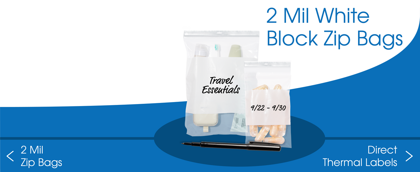 Two of our 2 Mil zip block bags holding travel items with writing on the blocks to label each bag.