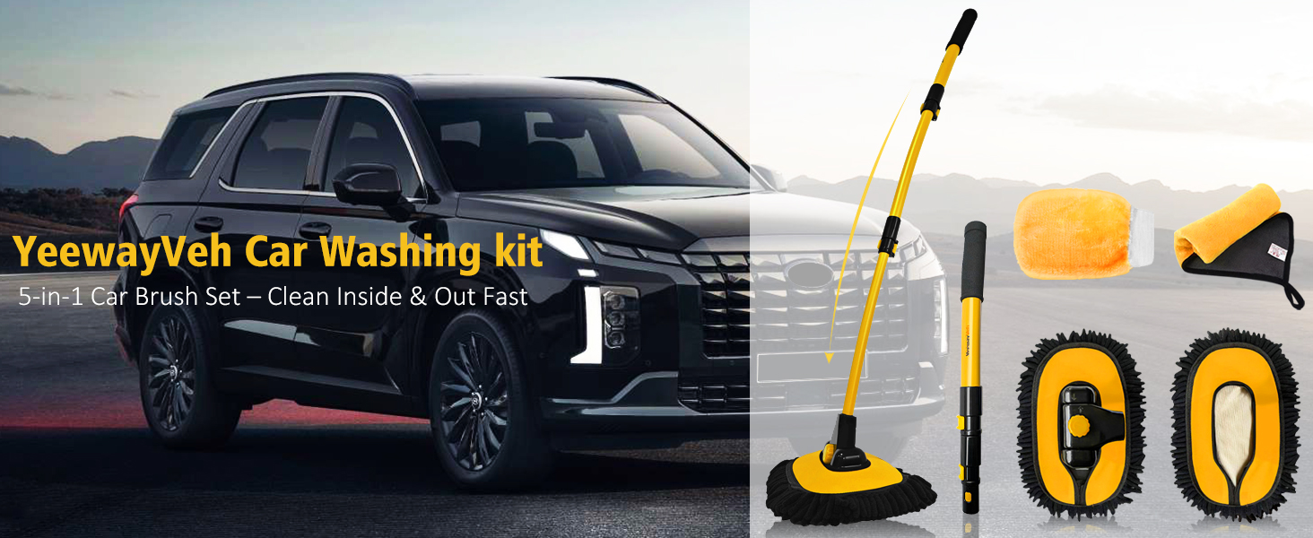 Car washing kit featuring yellow and black tools: extendable brush, circular brush, and mitt. Large SUV in background. Kit labeled as 5-in-1 for cleaning brakes and outdoors.