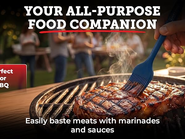 silicone brush being used for baking, BBQ glazing, and oil basting across different dishes