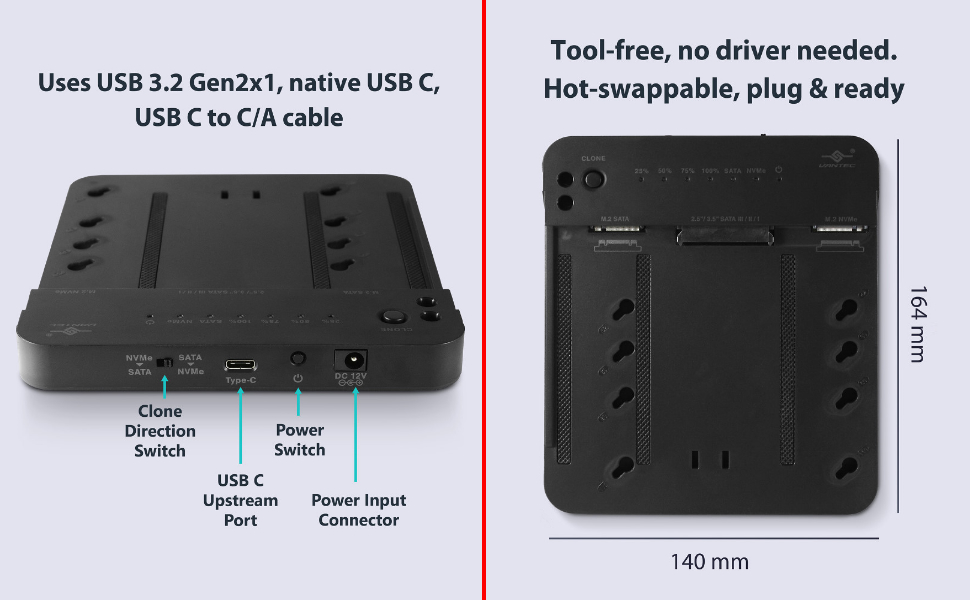 2 image, 1 show the ports and switch, 2 show the top layout of the storage device connection