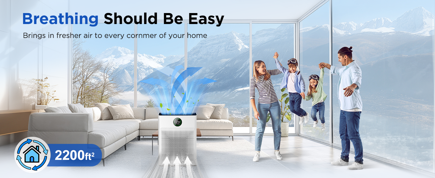 Large room HEPA air purifier removes pet dander, pollen, and dust