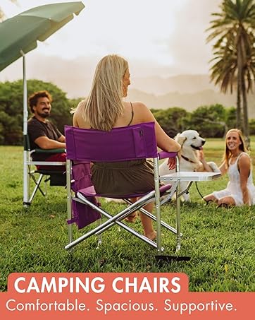 portable folding camping chair with padded seat and breathable mesh back for long sitting.