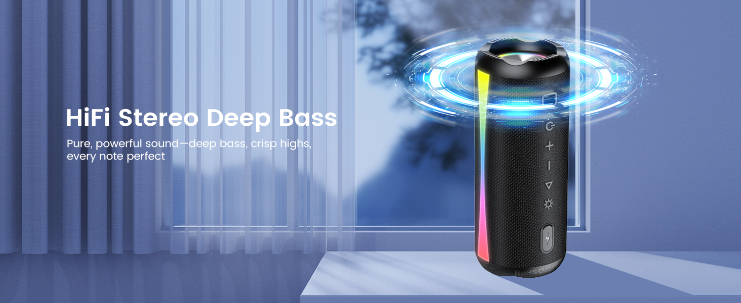 Text reads 'HiFi Stereo Deep Bass'. Black cylindrical portable speaker with illuminated blue lighting effects shown in modern interior setting.