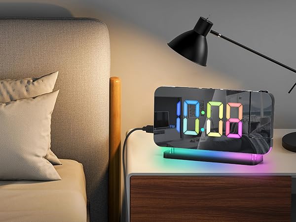projection led mirror digital alarm clock with rgb night light