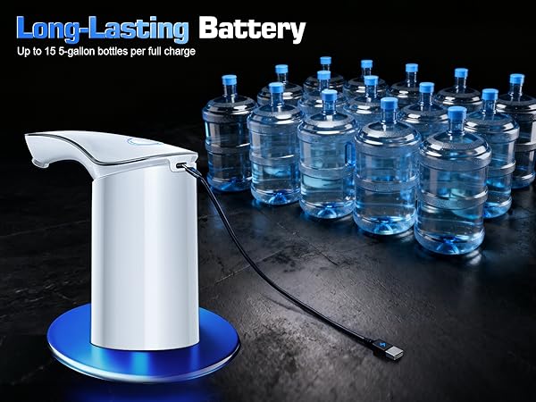 Long-Lasting Battery Up to 15 5-gallon bottles per full charge