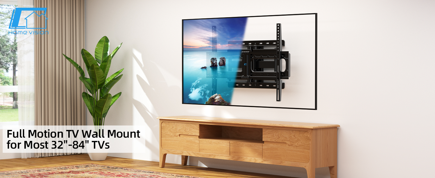 Full-motion TV wall mount shown installed with flatscreen TV above wooden media console. Product specified for 32-84 inch TVs.