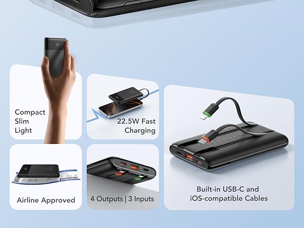 Compact Slim Power Bank, 22.5W Fast Charging, Airline Approved battery backup, 4 Outputs,3 Inputs.
