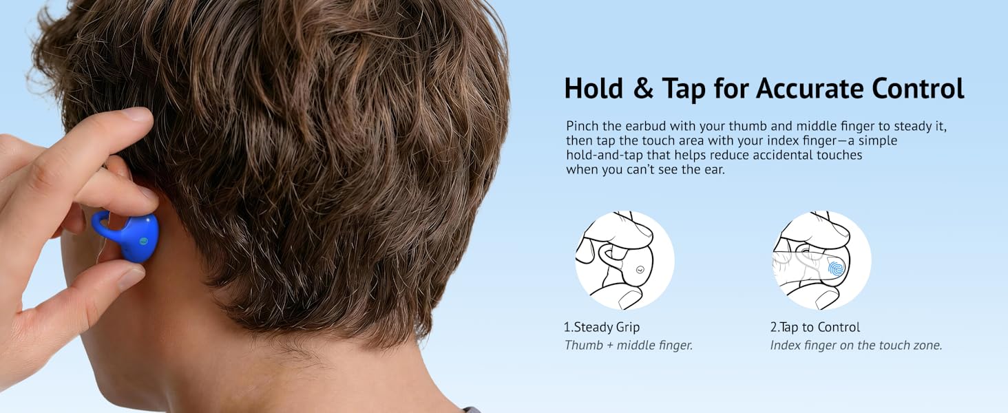 Detailed view of the pinch-and-tap control method on a clip-on earbud.